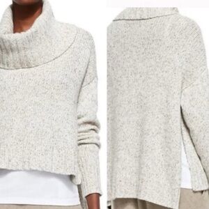 Eileen Fisher Cashmere Blend Cowl Neck Split Hem Cropped Sweater Oatmeal Size XS
